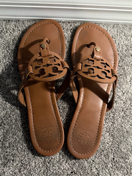 Tory Burch Shoes - Tory Burch Brown Logo Cutout Leather Miller Sandals